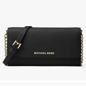 Michael Kors Jet Set Travel Saffiano Black Leather Chain Wallet with Gold Chain